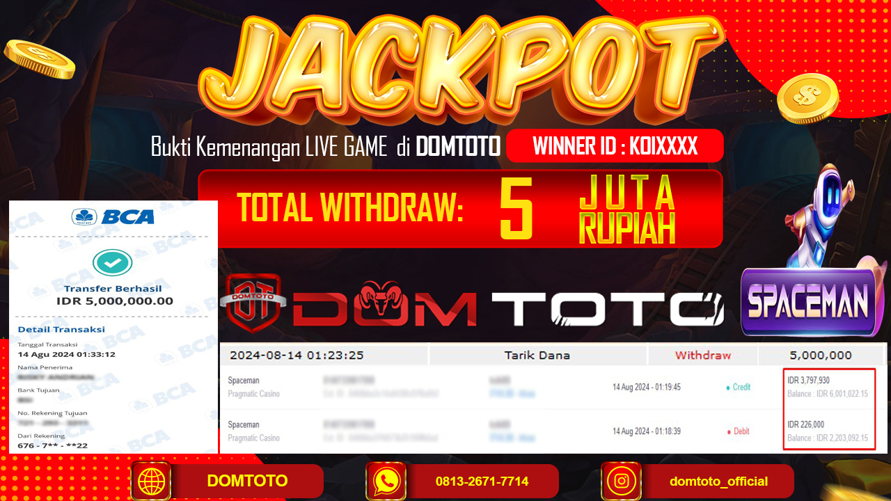 JACKPOT LIVE GAME SPACEMAN 14 AGUSTUS 2024